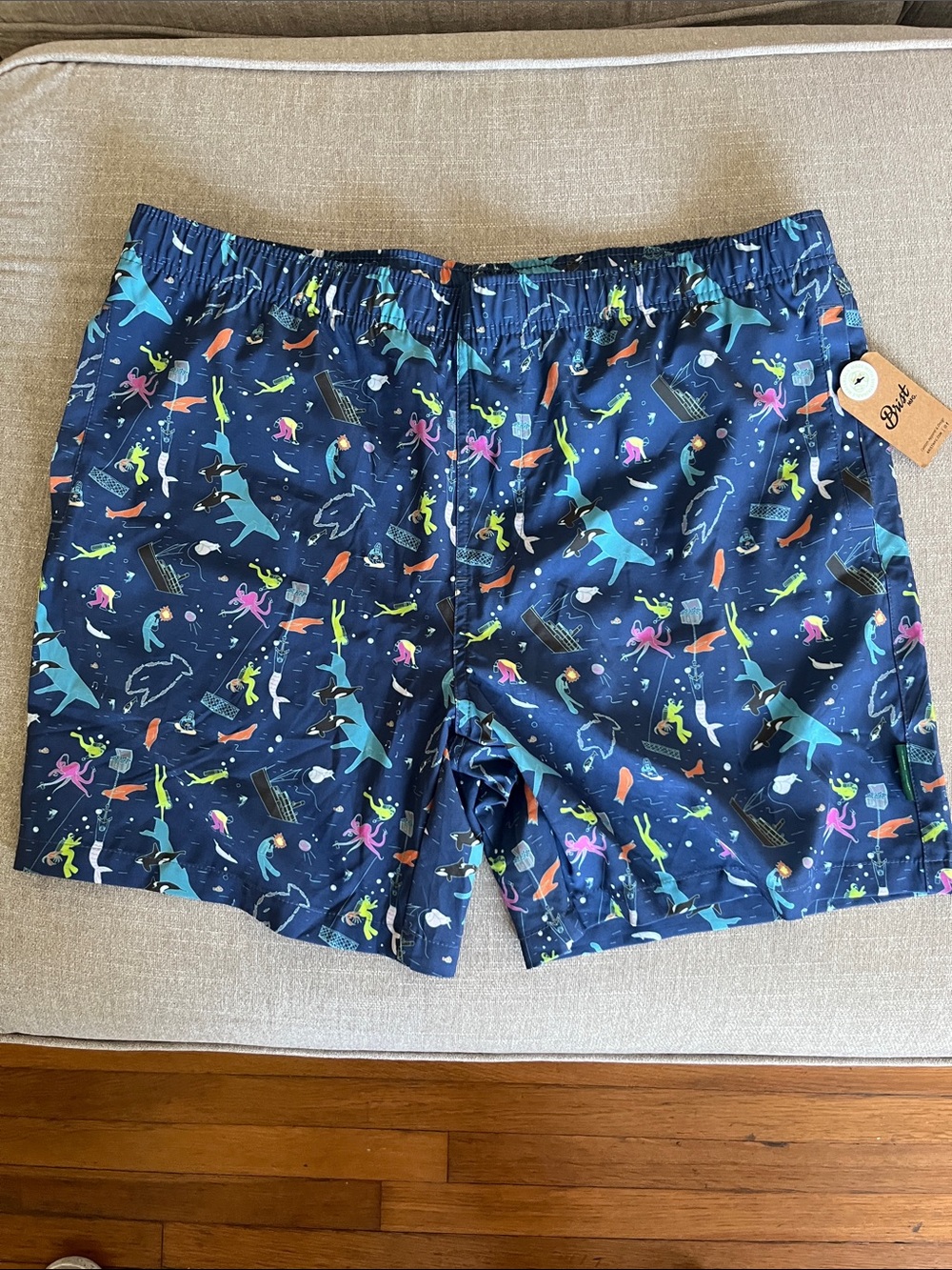 Men's Navy Swim Trunks with Colorful Ocean Print